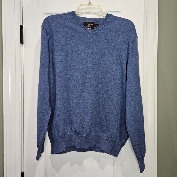 Black Brown 1826 Men's Large Blue 100% Merino Wool V-Neck Sweater - Picture 1 of 5